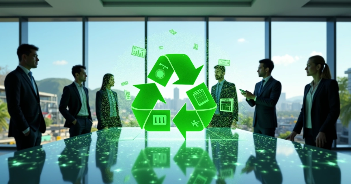 Executivos observam símbolo de reciclagem formado por ícones de impostos e impacto social 