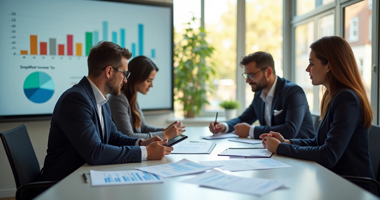Empresários analisando dados fiscais em reunião digital com gráficos e tablet na mesa