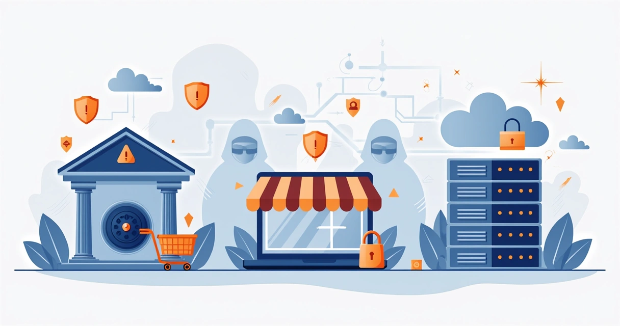 Ilustração de diversos setores empresariais impactados por ciberataques