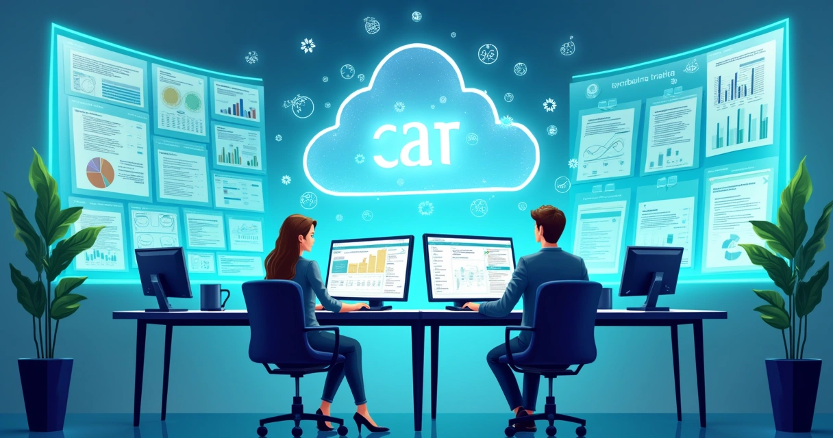 Ambiente com computadores e softwares de contabilidade. 