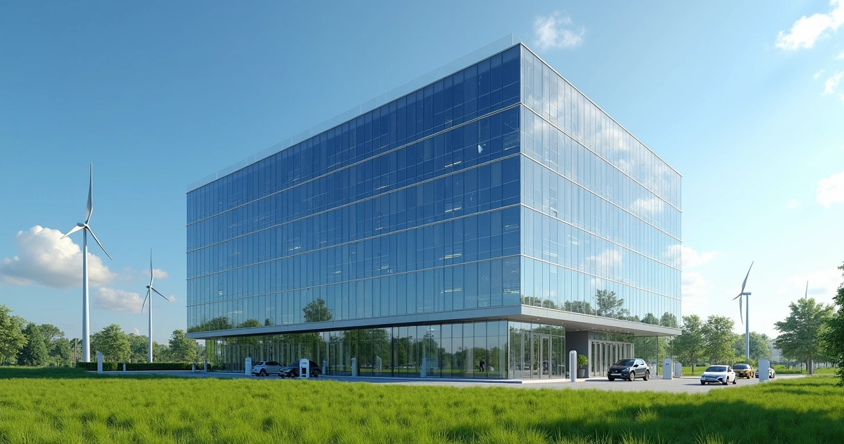 Edifício moderno com painéis solares e turbinas ao fundo 