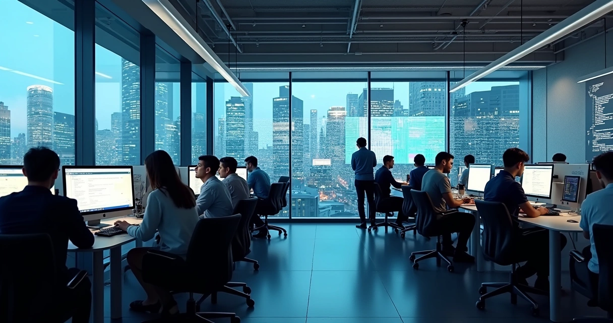 Vista panorâmica de escritórios de tecnologia em Auckland com profissionais trabalhando em computadores 