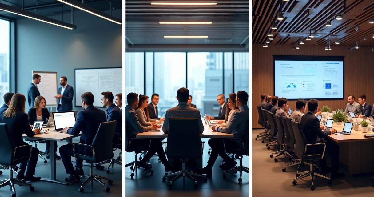 Três equipes representando startup, PME e grande empresa 