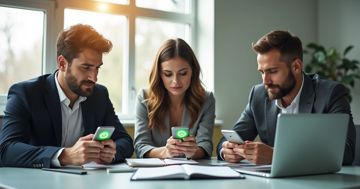 Profissionais em ambiente de escritório utilizando aplicativos de mensagens. 