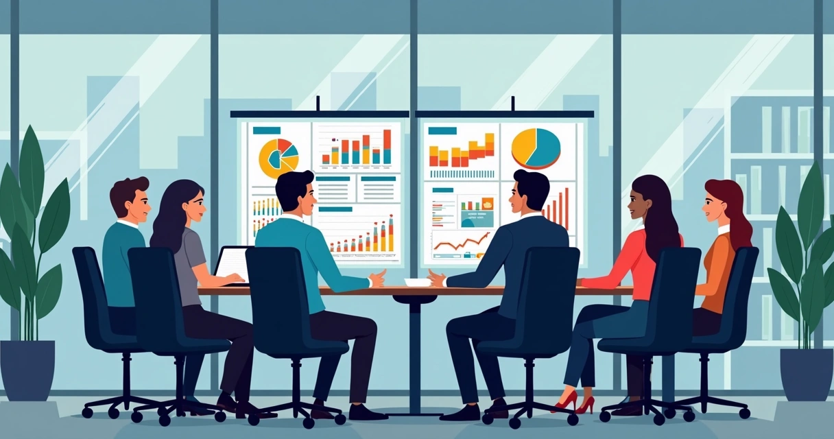 Equipe analisando gráficos em um monitor em uma sala de reuniões