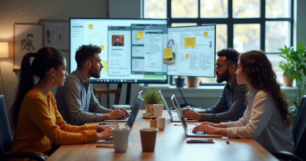Equipe usando apps de IA em notebooks e celulares 