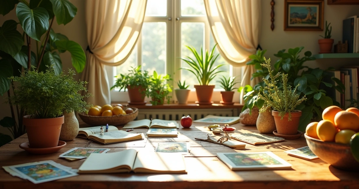 Creative workspace inspired by The Empress card imagery, filled with plants and art 