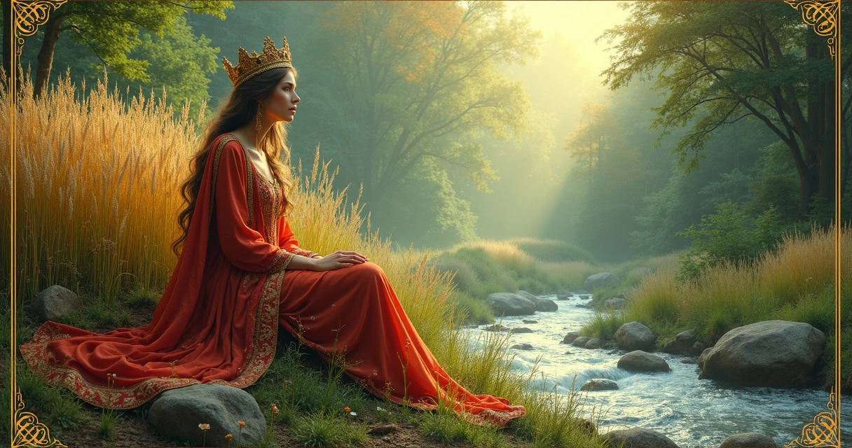 The Empress tarot card with a crowned woman seated in lush nature surrounded by wheat, a flowing river, and vibrant greenery 