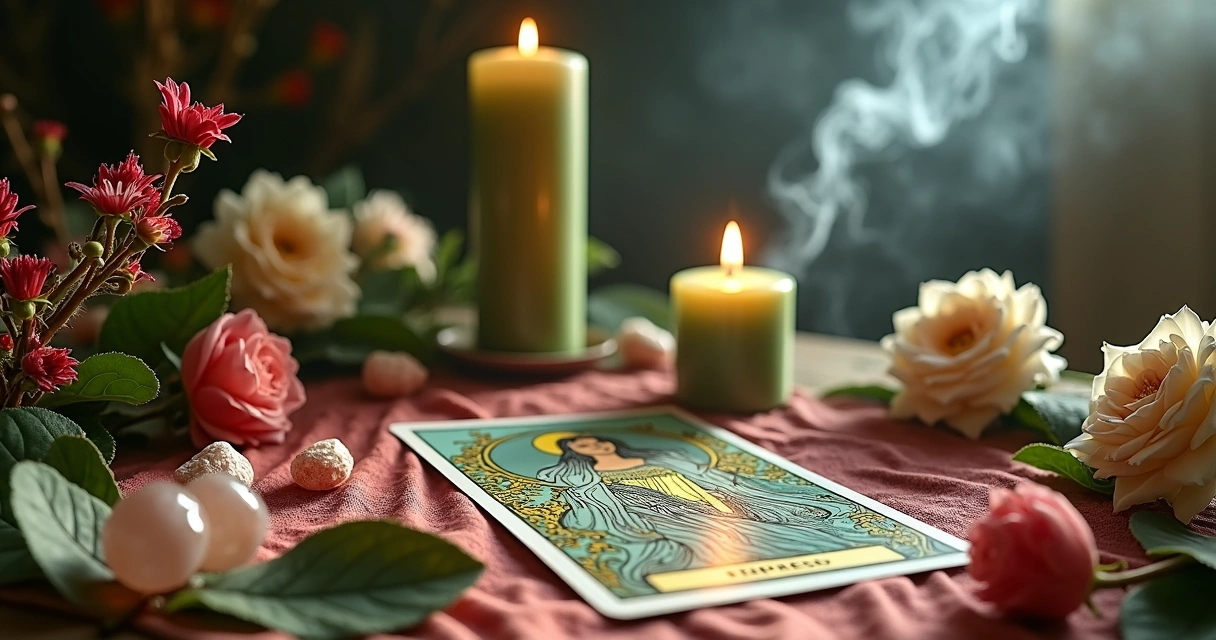 Tarot ritual inspired by The Empress with candles, flowers, and crystals 