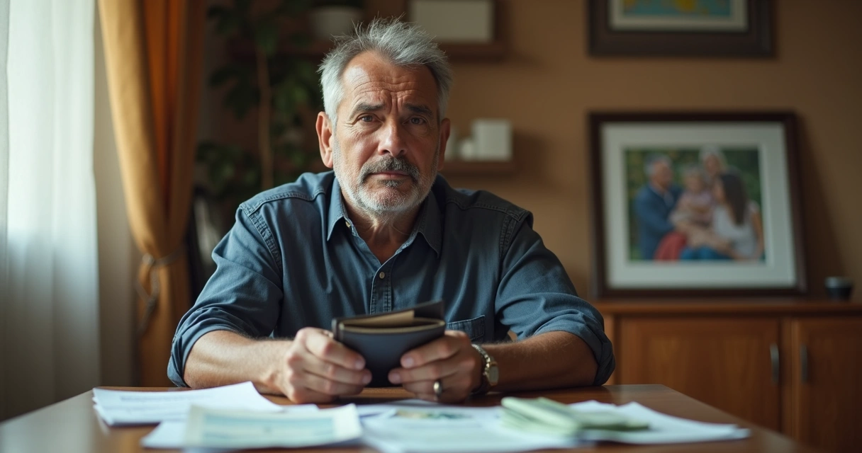 Homem pensativo segurando carteira com expressão preocupada 