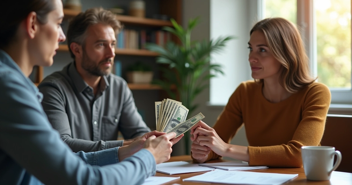 Duas pessoas conversando em uma sala sobre dinheiro, com expressão séria, papéis e uma xícara na mesa