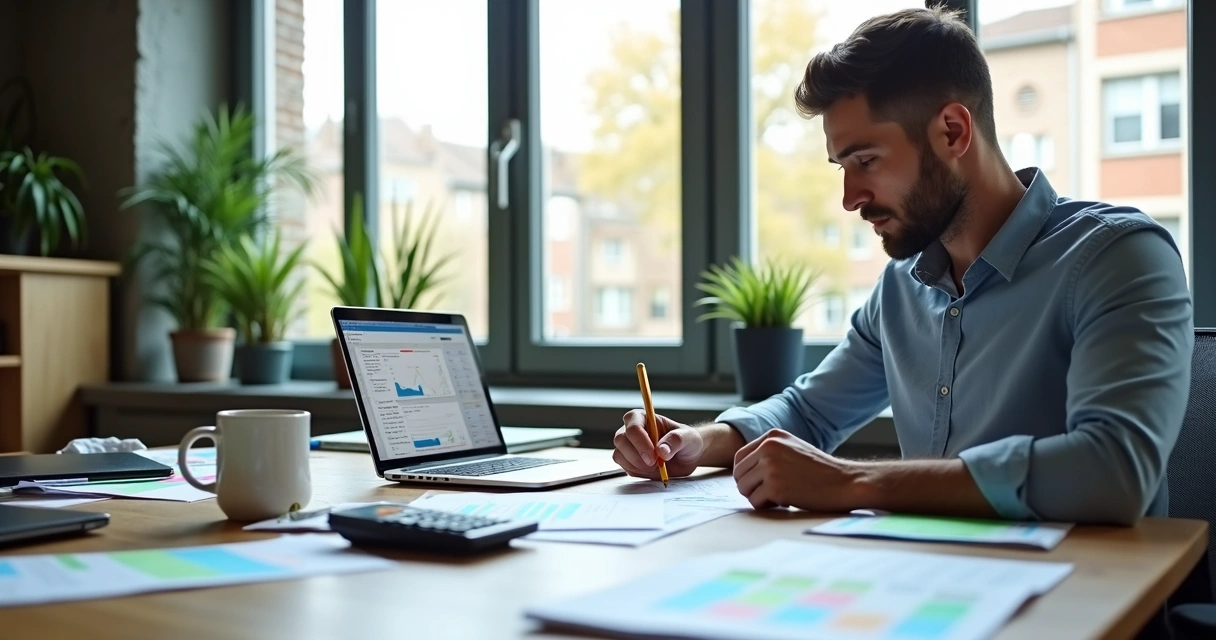 Empresário analisando documentos empresariais em mesa de escritório 