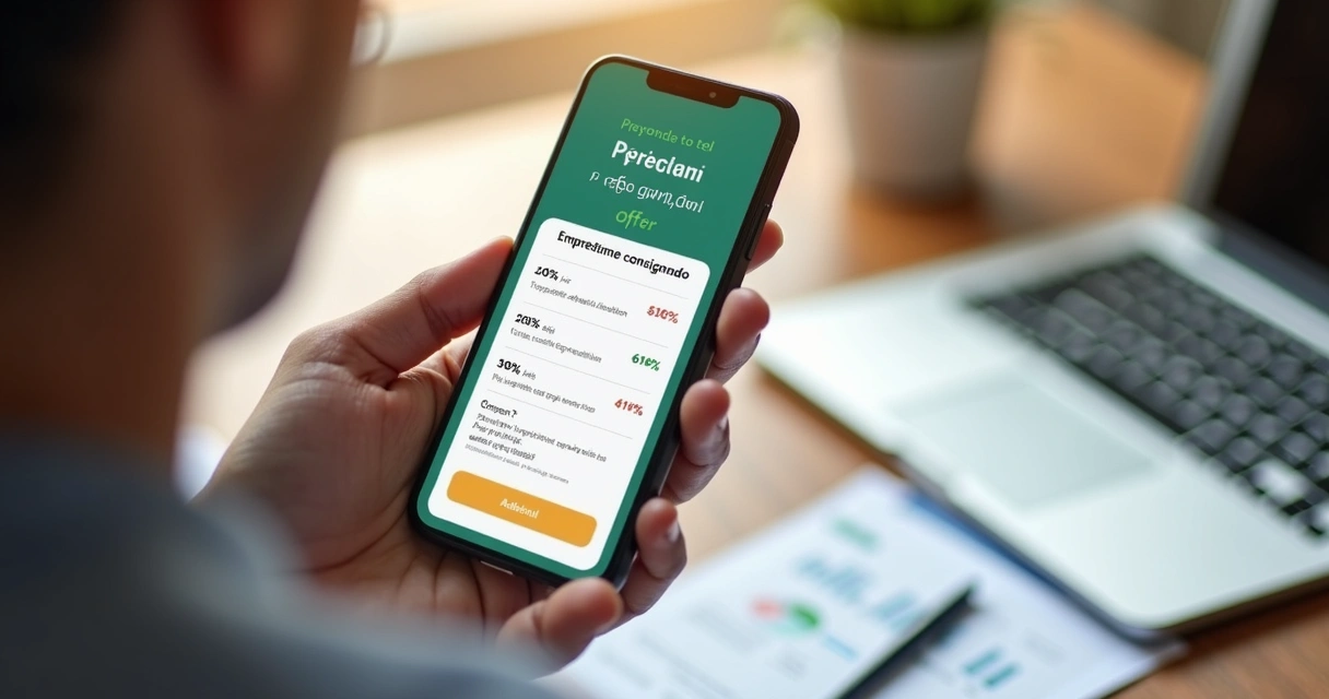 Pessoa consultando oferta de empréstimo consignado no celular com gráficos financeiros no fundo 