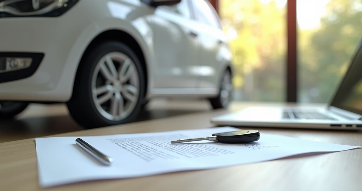 Carro moderno branco com chave na ignição sobre uma mesa de madeira clara, contrato de empréstimo ao lado, ambiente de escritório com luz natural 