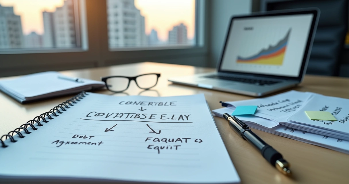 Caderno com notas de empréstimo ao lado de fichas de investimento sobre mesa de escritório 