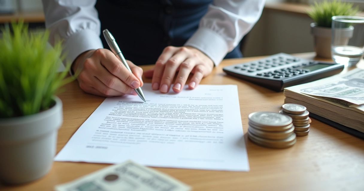 Pessoa segurando contrato de empréstimo em mesa de escritório simples 