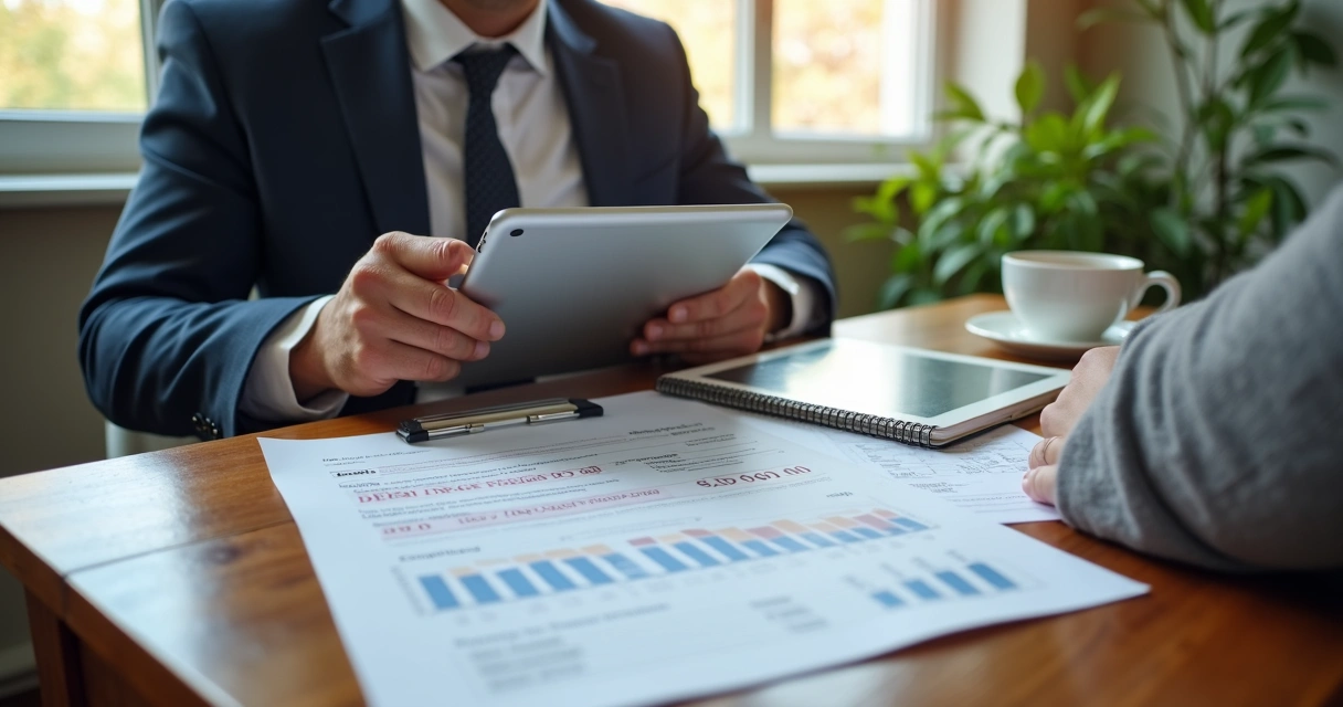 Pequeno empresário analisando opções de crédito no escritório 