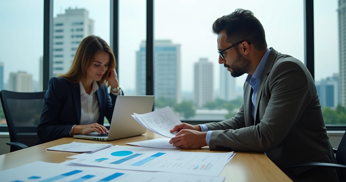 Empresário com papéis e notebook revendo propostas de empréstimo 