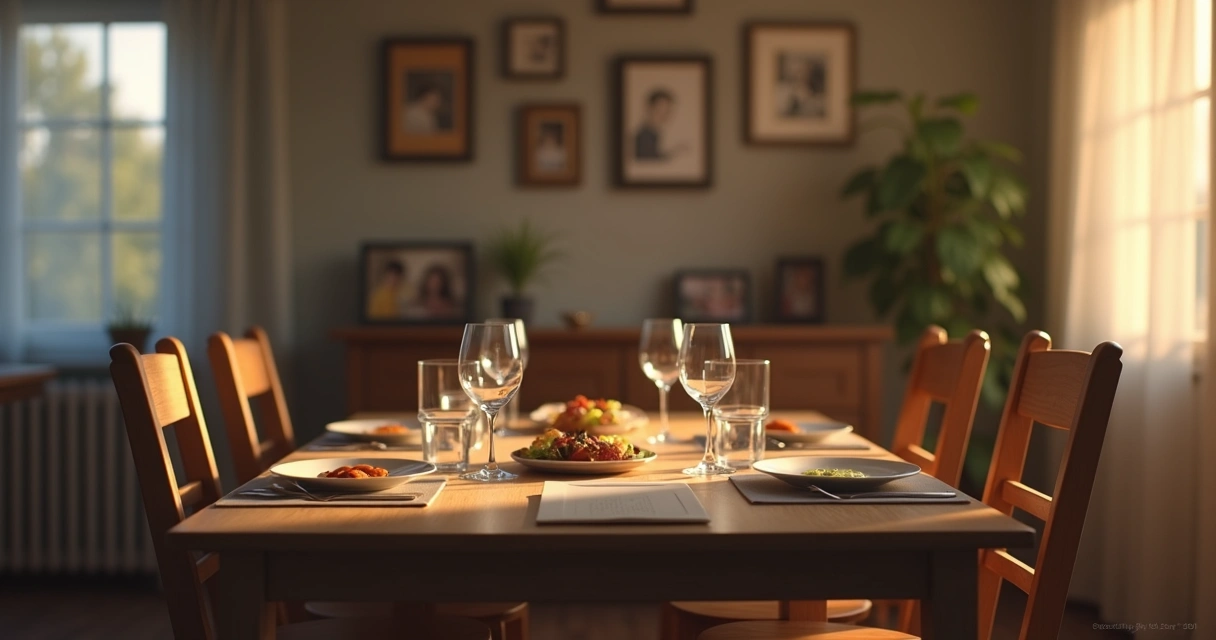 Empty chair at a family dinner table 