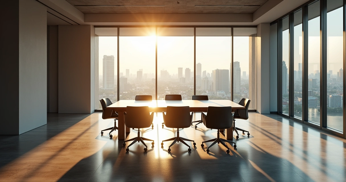 Empty modern conference room with sunlight through large windows 