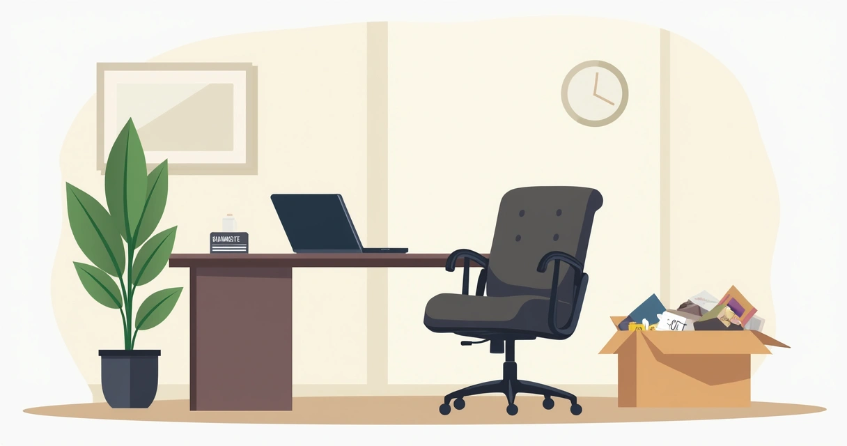 Empty office desk with personal items left behind, signaling employee departure 