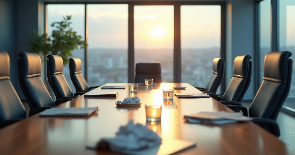 Empty meeting room with faint emotional traces left in the air 