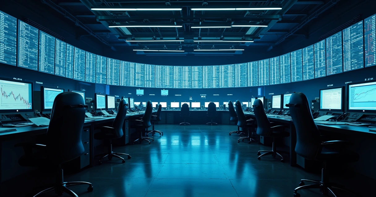 Empty commodity trading floor with switched-off screens and scattered papers 
