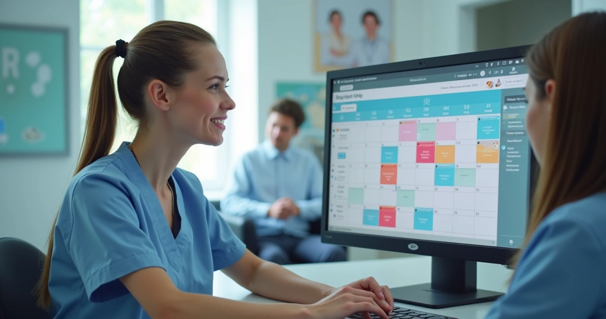 Secretária encaixando paciente na agenda do consultório