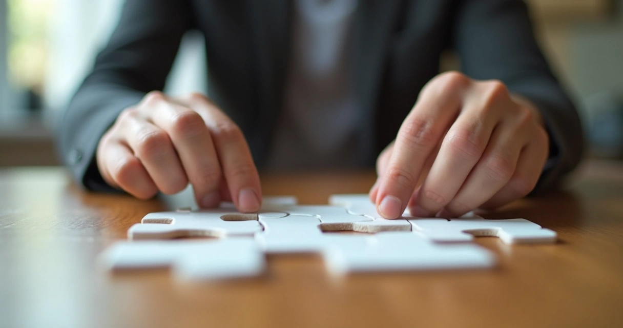 Pessoa posicionando peças que se encaixam em um quebra-cabeça 