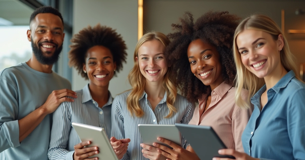 Clientes satisfeitos sorrindo segurando produtos ou tablets 