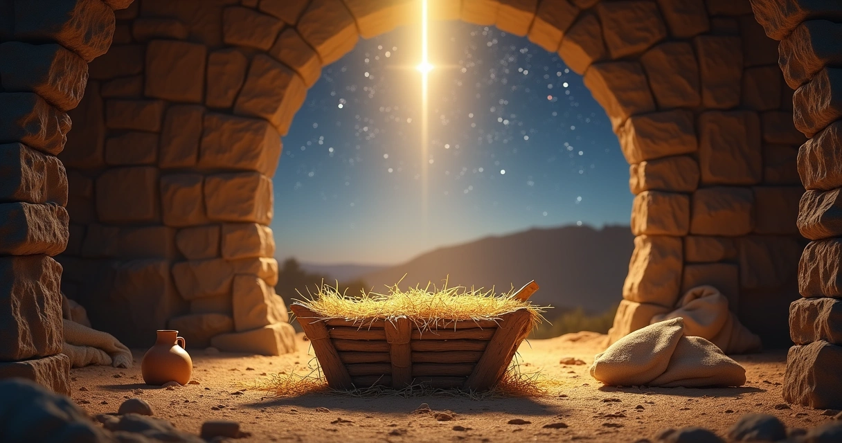 Berço simples iluminado simbolizando a encarnação de Jesus 