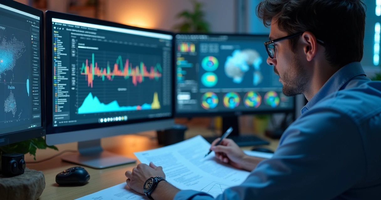 Profissional de RH analisando dados em computador com gráficos e documentos digitais na mesa 