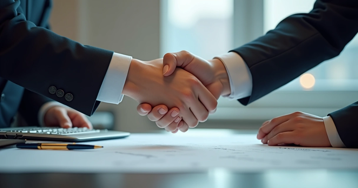 Duas mãos apertando-se em tom profissional, com papéis e um contrato sobre uma mesa, sugerindo o encerramento formal de uma parceria 