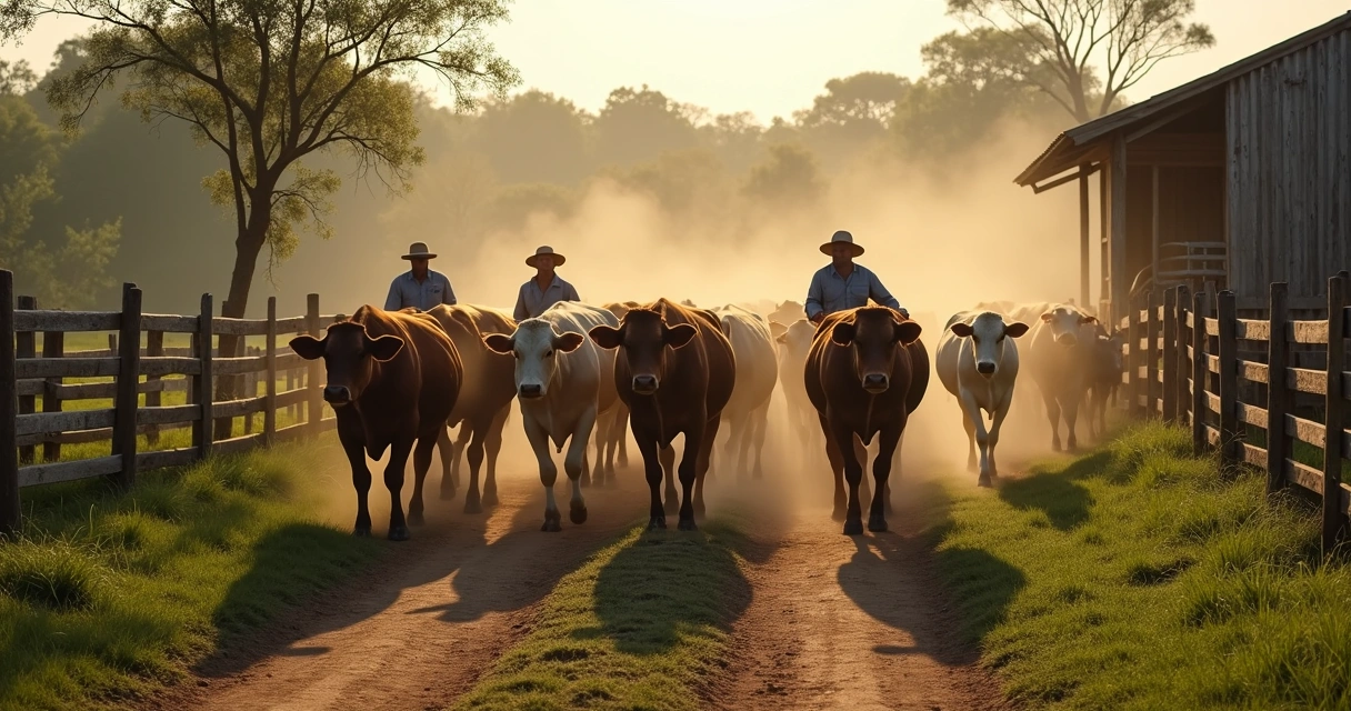 Boiada entrando no curral de uma fazenda rural no Brasil 