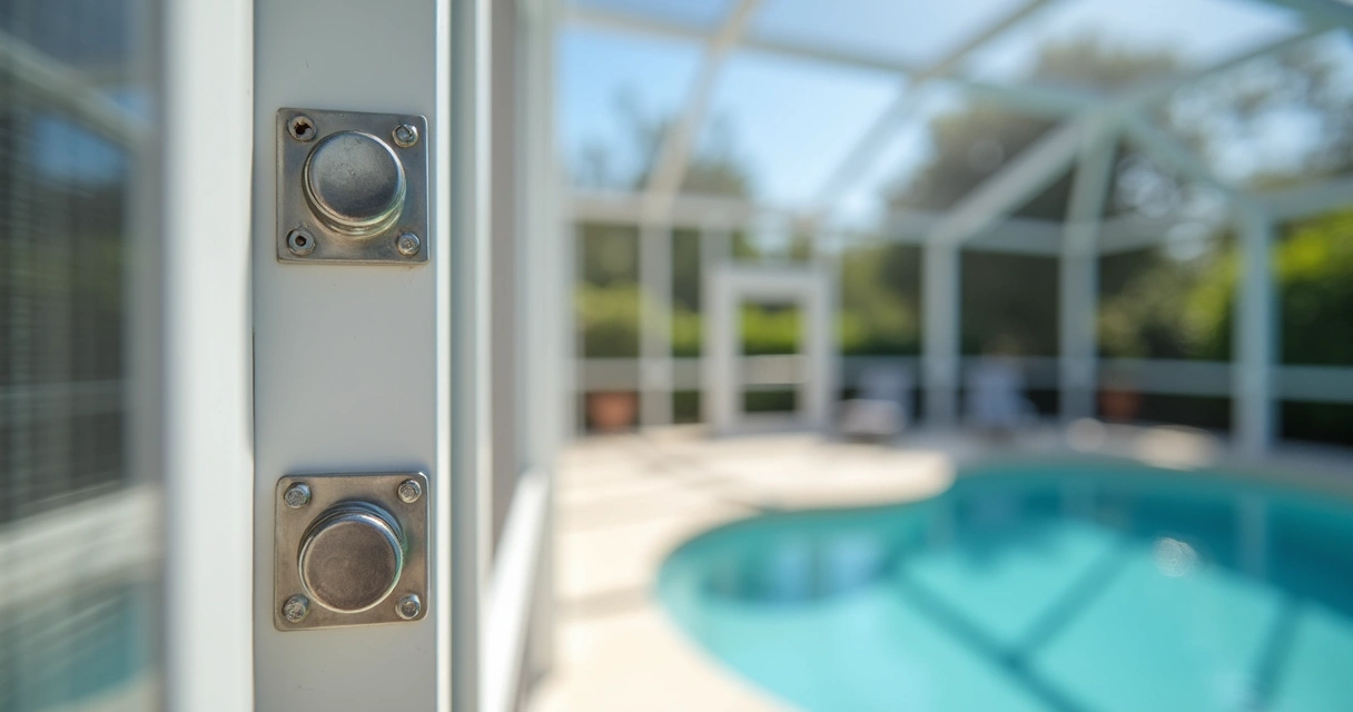 Close-up of enclosure fasteners on an aluminum frame 