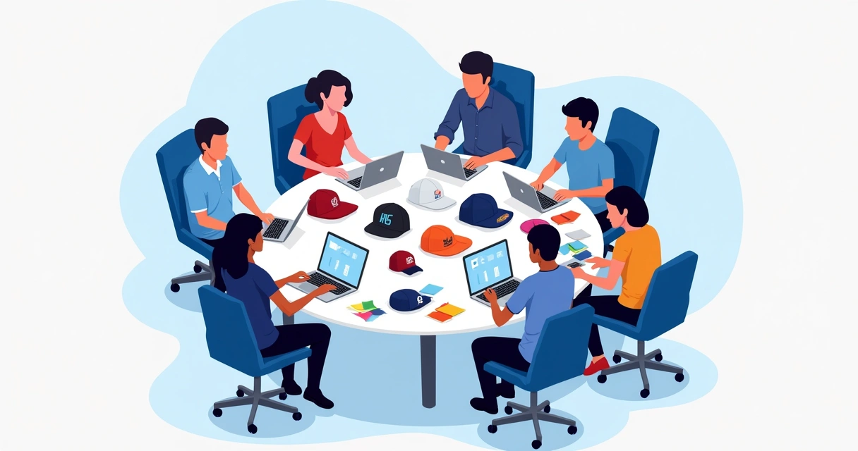 Equipe de marketing reunida discutindo artes de bonés personalizados para evento empresarial, mesa com bonés coloridos, notebook e amostras 