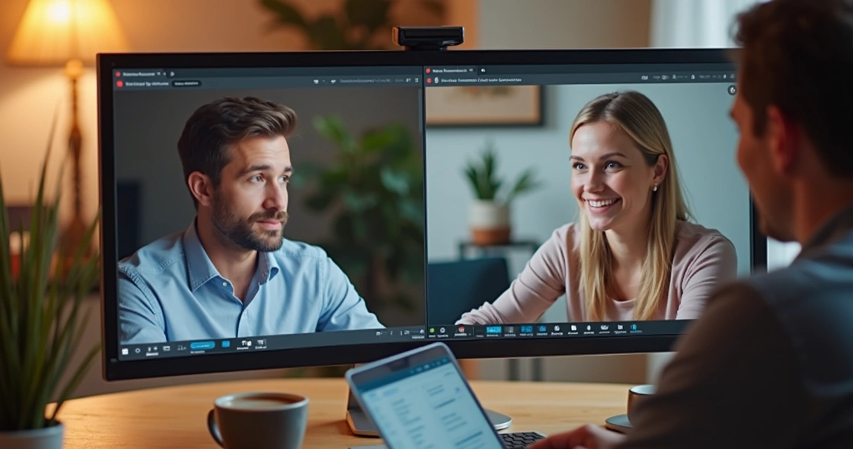 Líder e colaborador em reunião virtual, tela dividida mostrando expressão atenta dos dois lados 