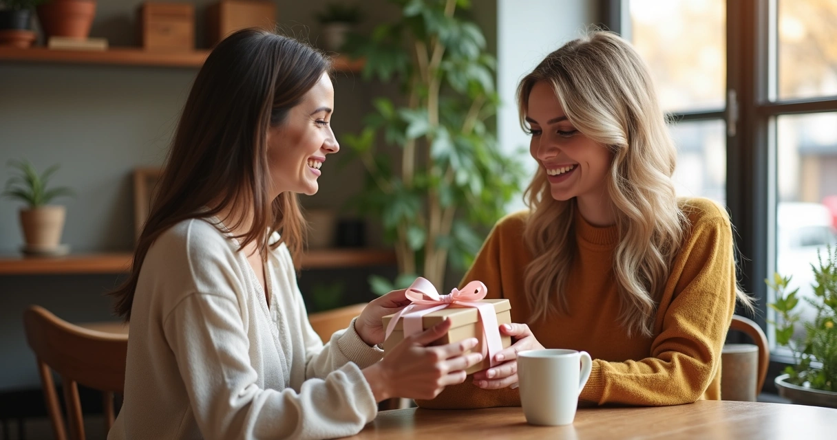 Duas amigas sentadas sorrindo trocando presentes 