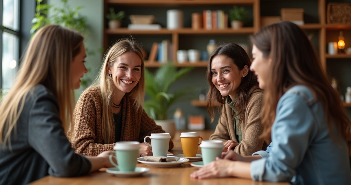 Amigos reunidos em clima acolhedor em cafeteria 