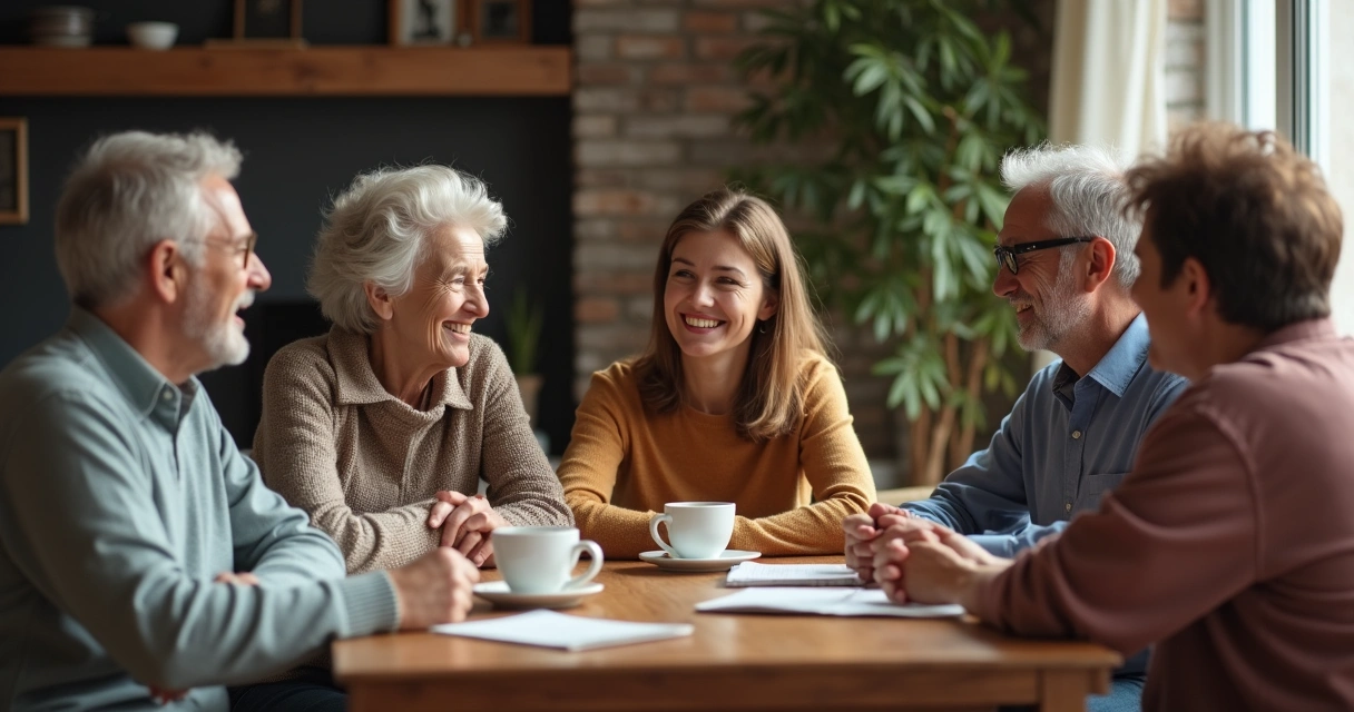 Amigos sentados ao redor de uma mesa em casa, conversando de forma autêntica e sorrindo. 
