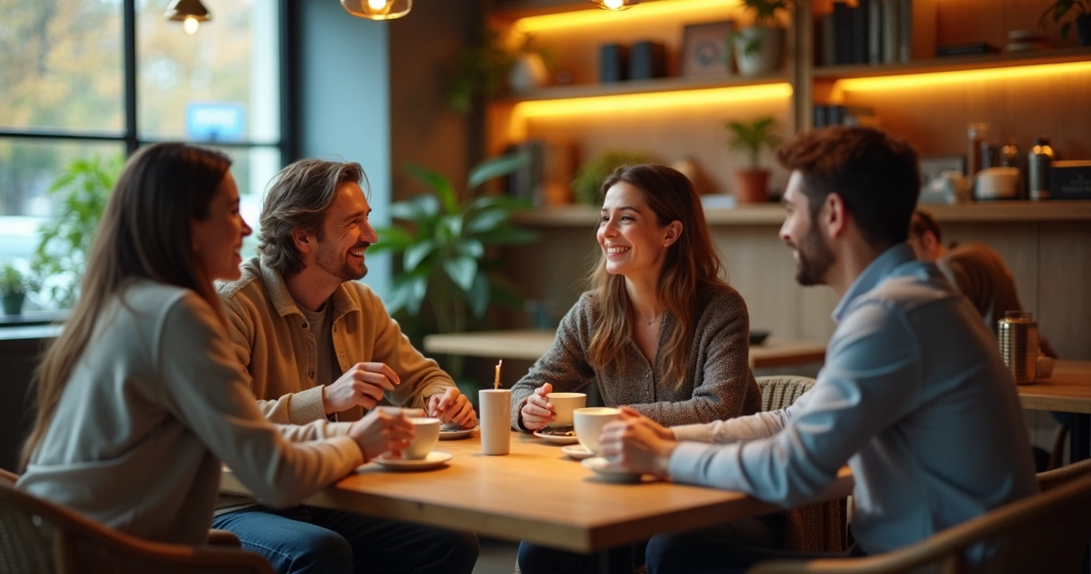 Grupo de amigos conversando em uma cafeteria 