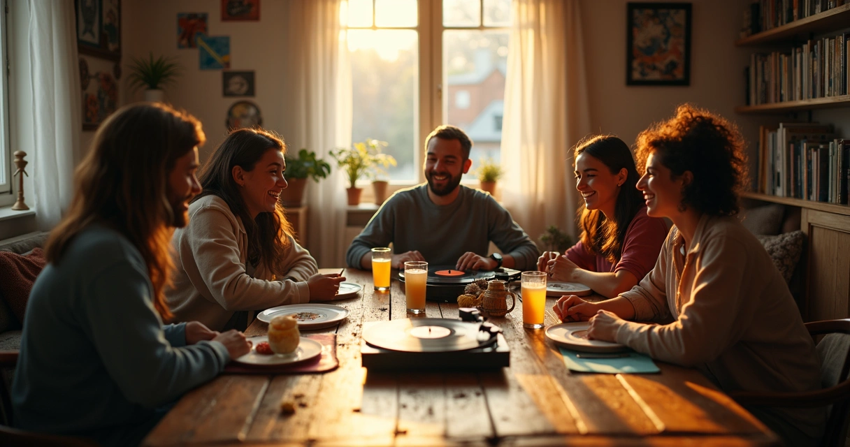 Grupo de amigos escutando música em vinil ao redor de uma mesa