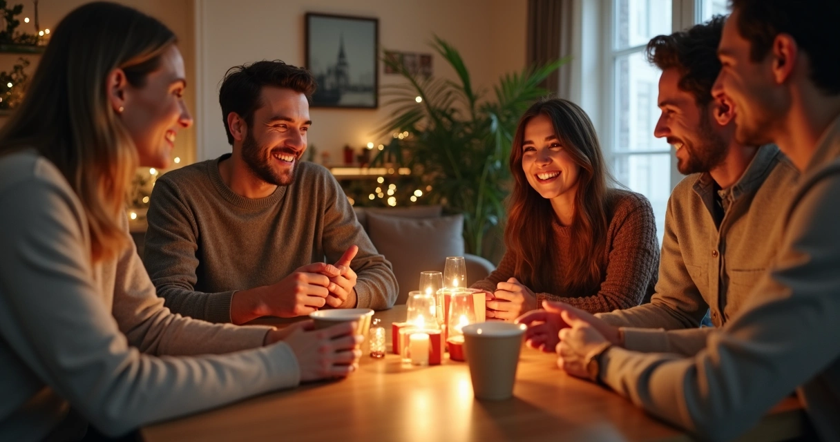 Grupo de amigos trocando presentes simples e sorrindo