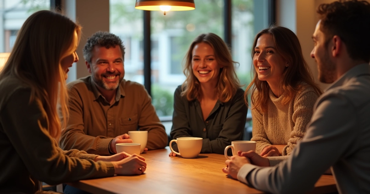 Grupo de amigos sorrindo em uma mesa de café com xícaras e conversas animadas 