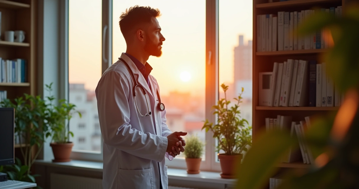 Médico olhando pela janela em reflexão profunda 