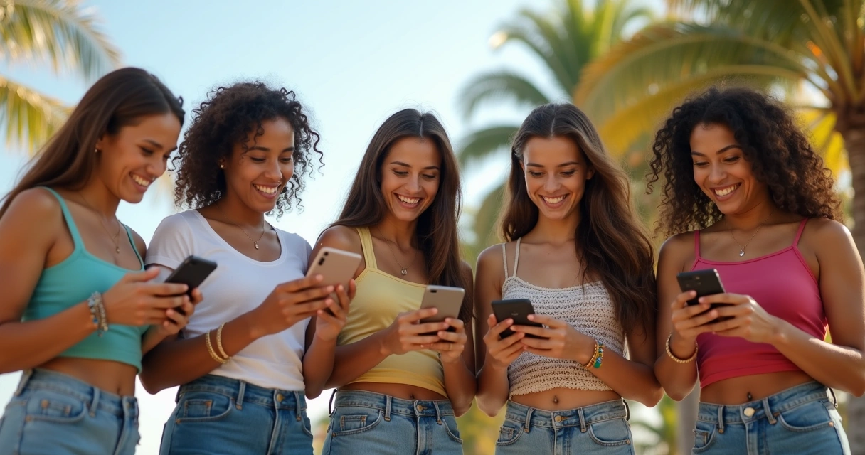 Grupo de jovens brasileiros sorrindo juntos, segurando celulares, ao ar livre 
