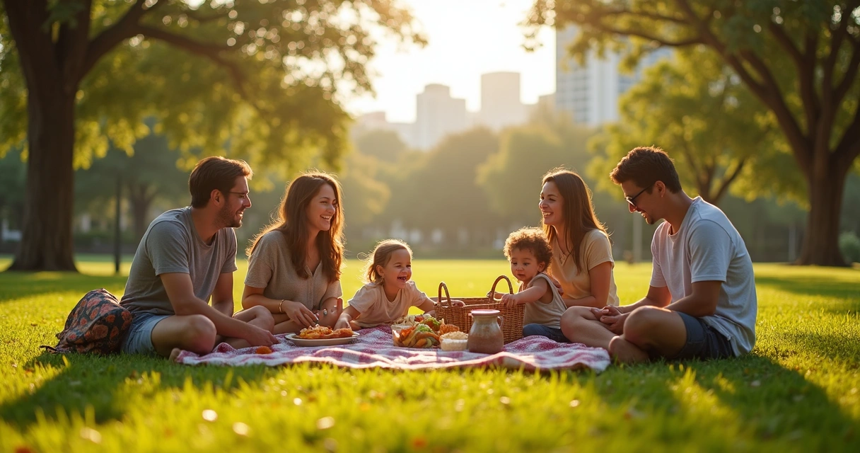 Brasileiros reunidos em um parque de Orlando, sorrindo em um piquenique 