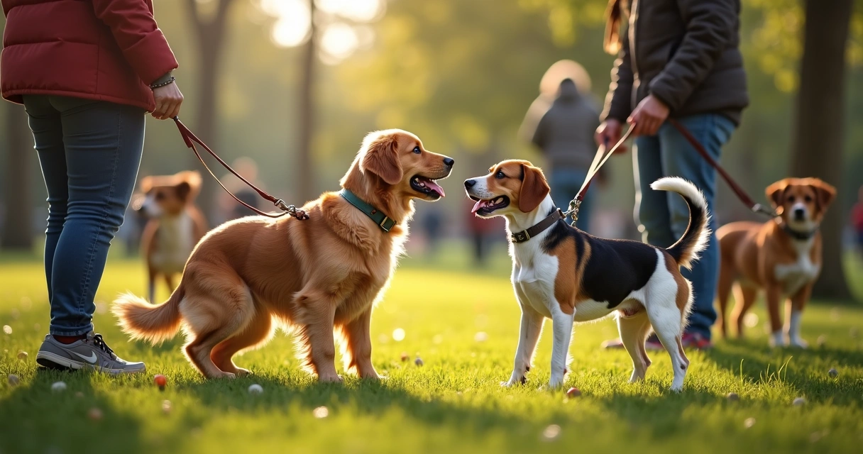 Cães a cumprimentarem-se num parque com trelas 