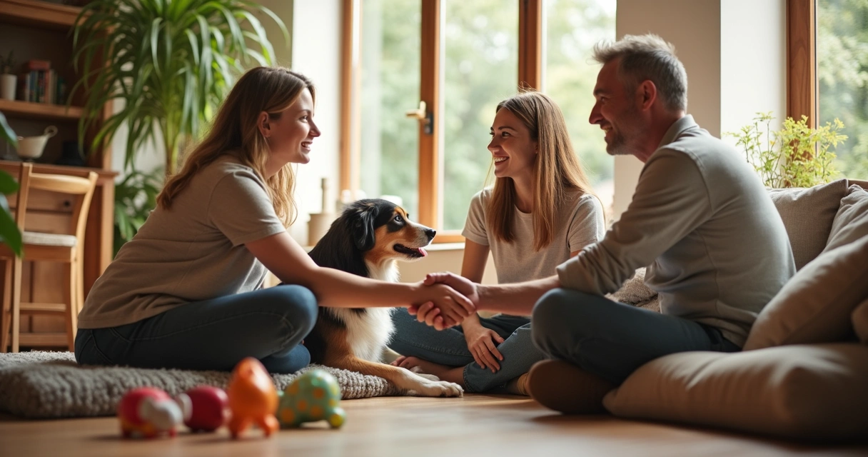 Casal jovem no Porto a conhecer pet sitter e cão num ambiente acolhedor