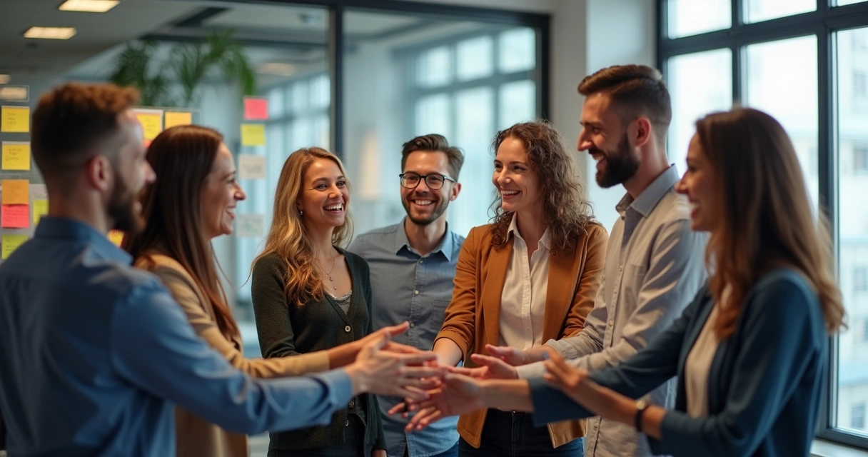 Grupo sorrindo após discussão construtiva no escritório 
